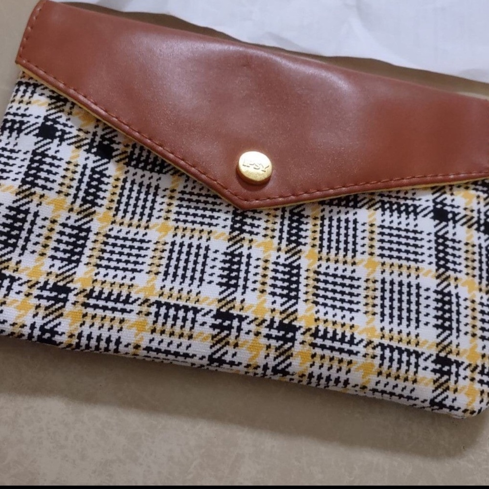 FREE with $20 purchase Plaid makeup bag with Brown Leather Flap | envelope style